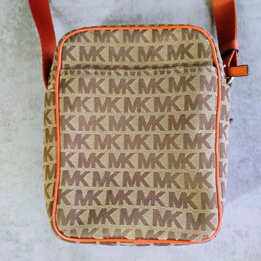 Michael Kors Signature Flight Crossbody Bag Brown Orange Leather Trim - Picture 5 of 16